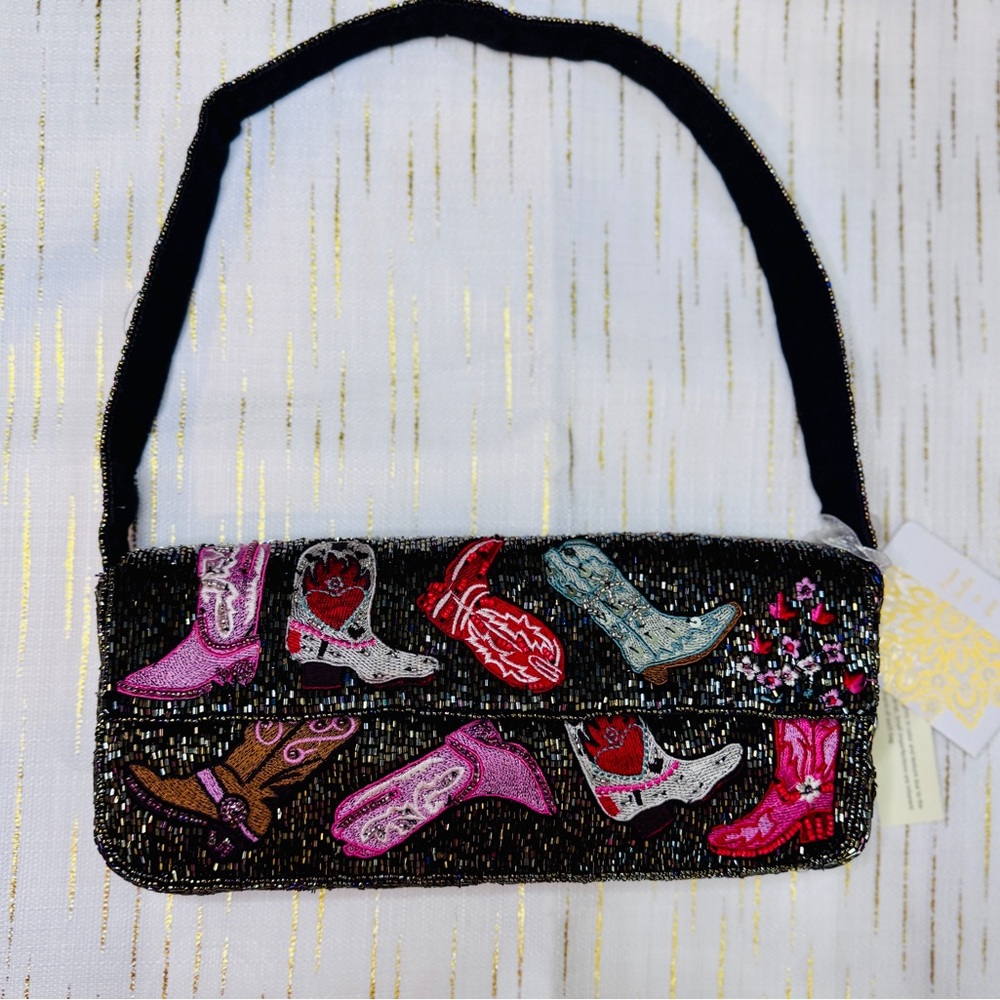 Viral Cowboy Boot Beaded Shoulder Bag Black Western Rodeo Purse Y2K - Picture 12 of 12